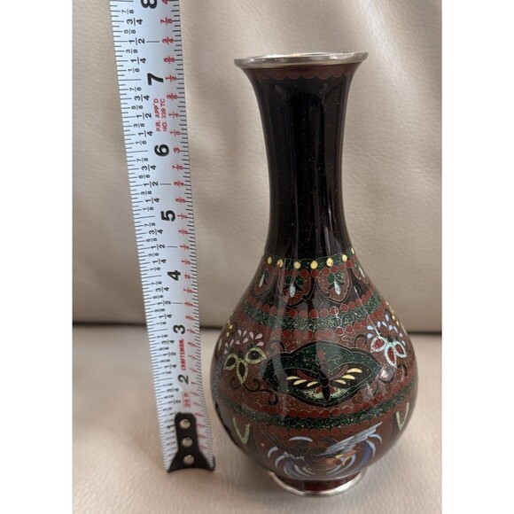 Japanese CLOISONNE Bud Vase Red Brown Gold Fleck Phoenix Bird Kyoto Butterfly - Picture 2 of 16